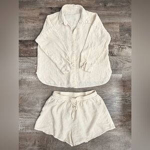 Ivory Gauze Cotton Shirt & Shorts Set Collared Long Sleeve XL 100% cotton